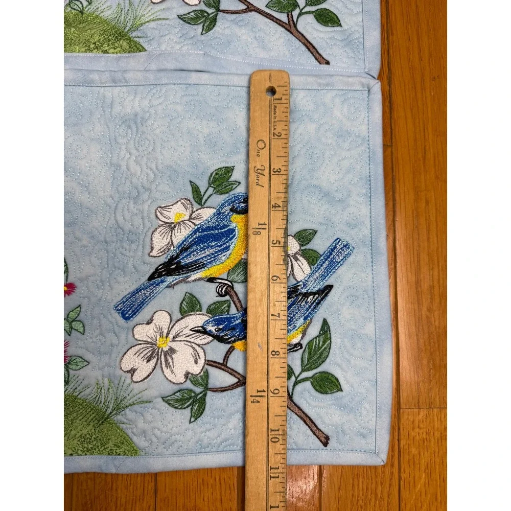 Set of 4 Quilted Embroidered Bluebird Birdbath Floral Placemats Light Blue‎